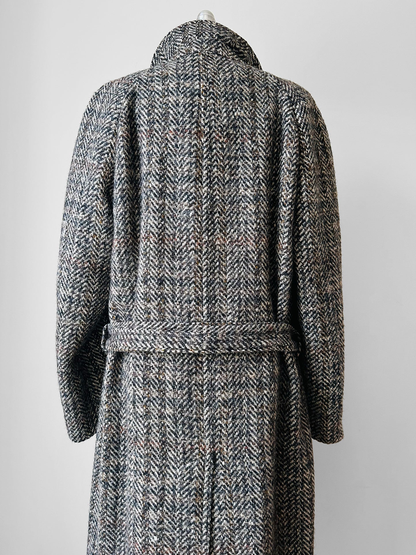 1960s Grey Brown Wool Tweed Picadilly Canada Belted Overcoat - Sz. L/XL