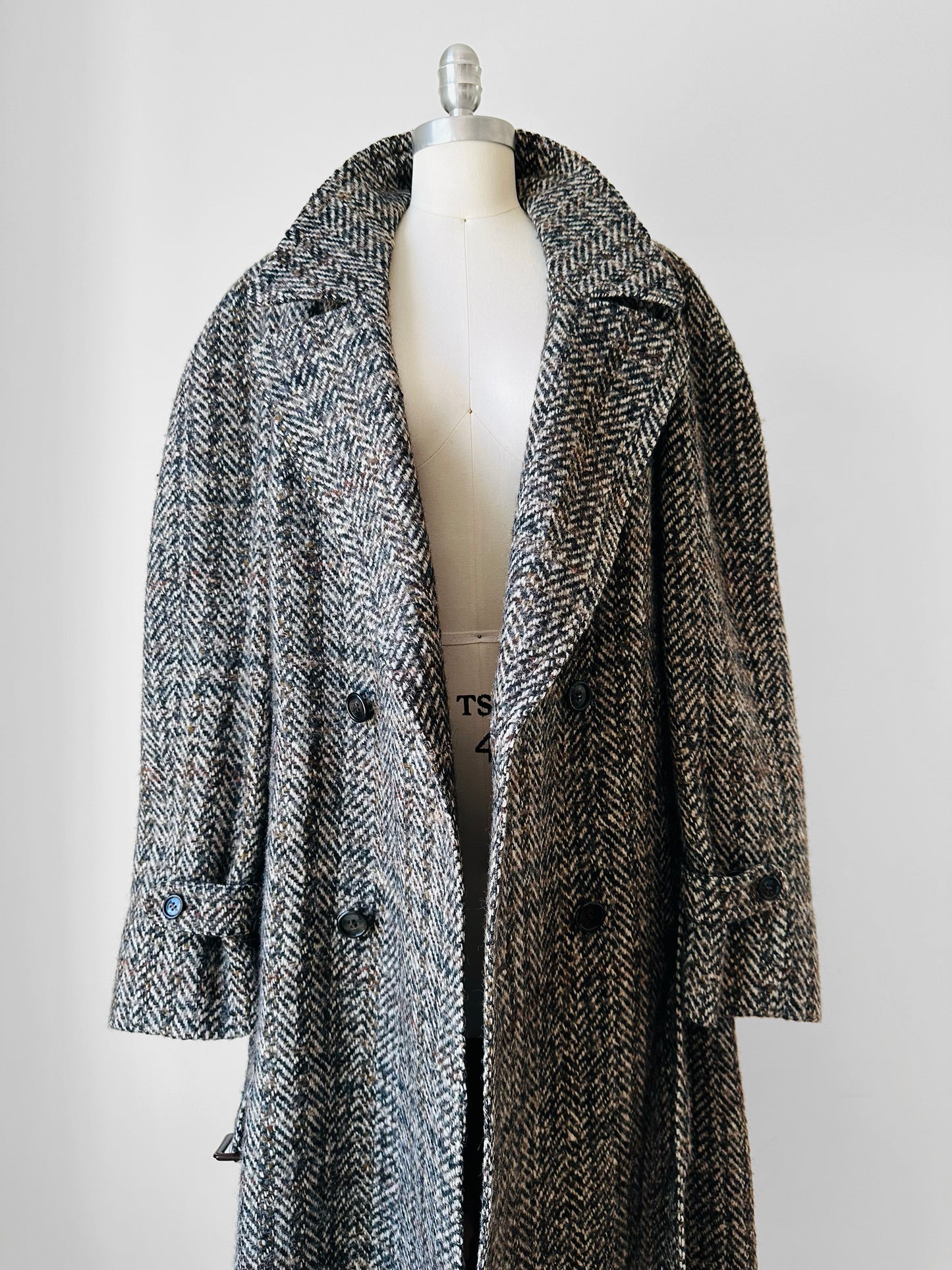 1960s Grey Brown Wool Tweed Picadilly Canada Belted Overcoat - Sz. L/XL
