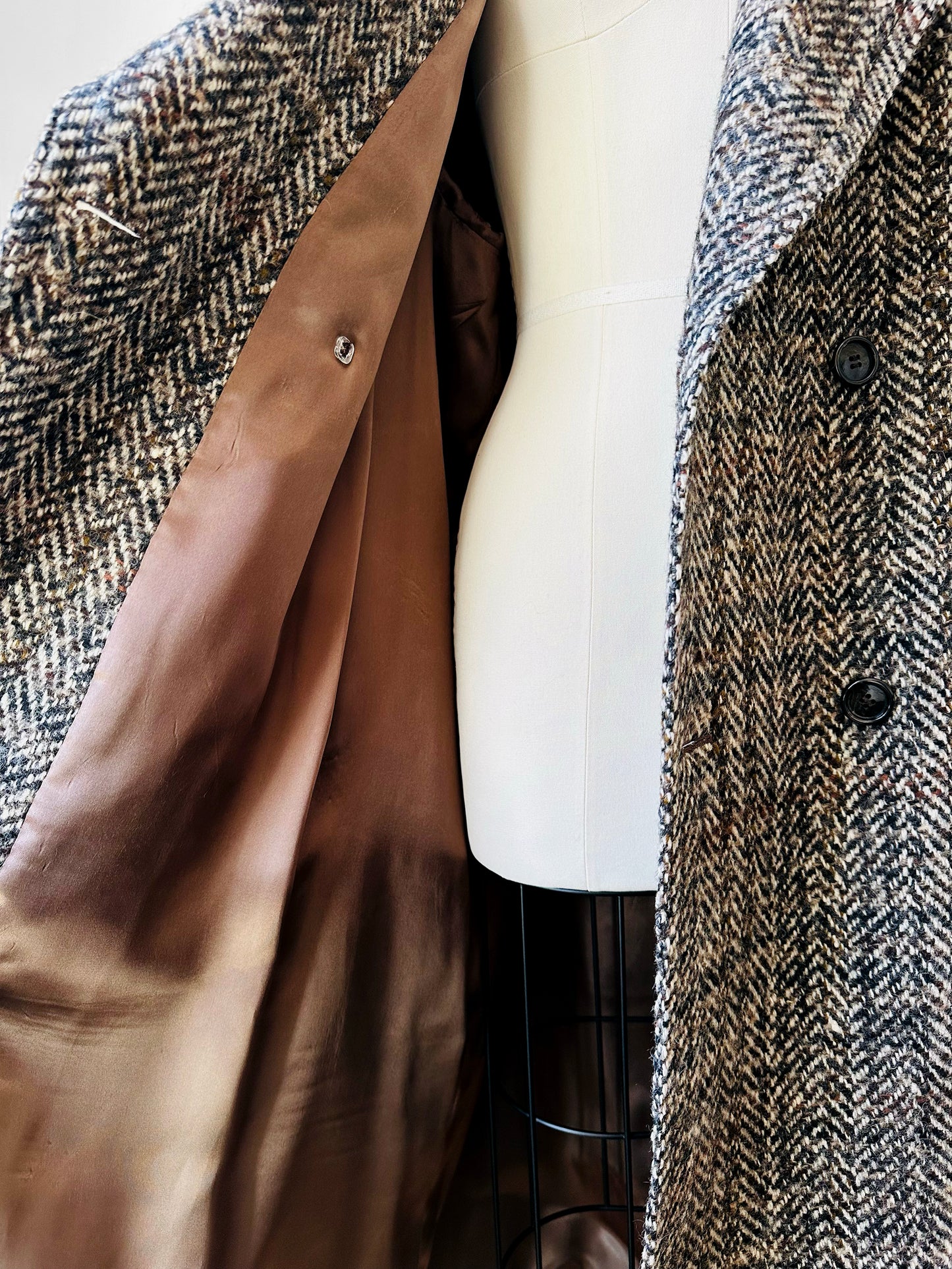 1960s Grey Brown Wool Tweed Picadilly Canada Belted Overcoat - Sz. L/XL