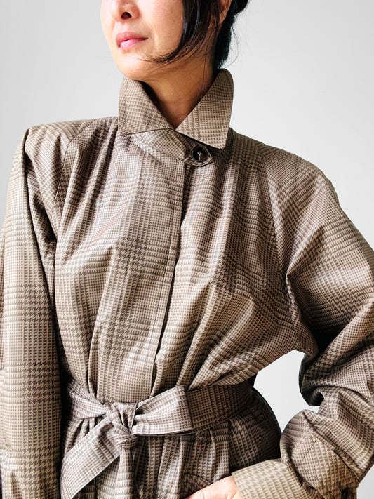 1980s Beige Houndstooth LONDON FOG Lined Belted Rain Aline Trench - Sz. S/M