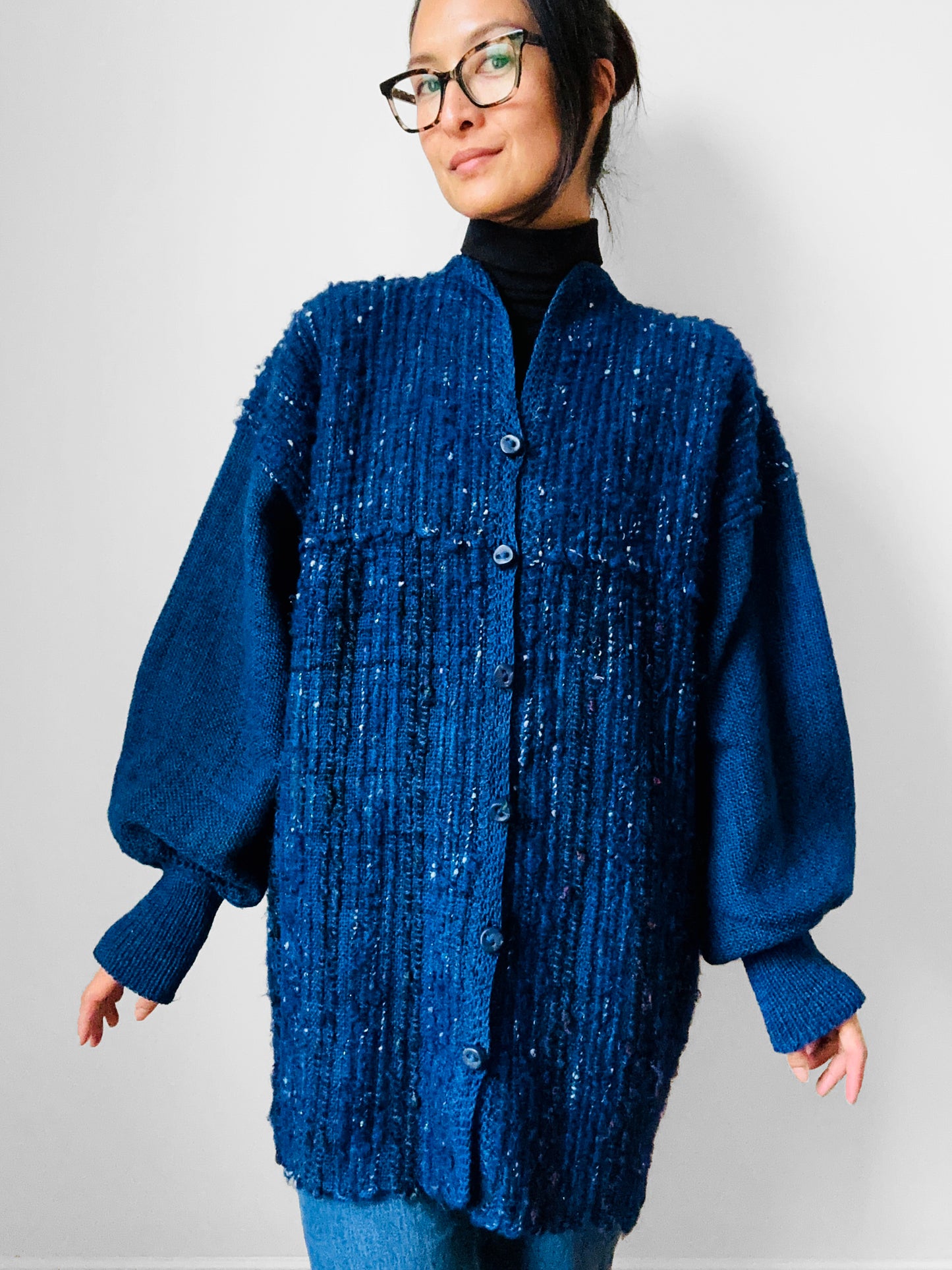 Deep Indigo Blue Heavy Loomed Wool Button Front Knit Sweater Cardigan - O/S