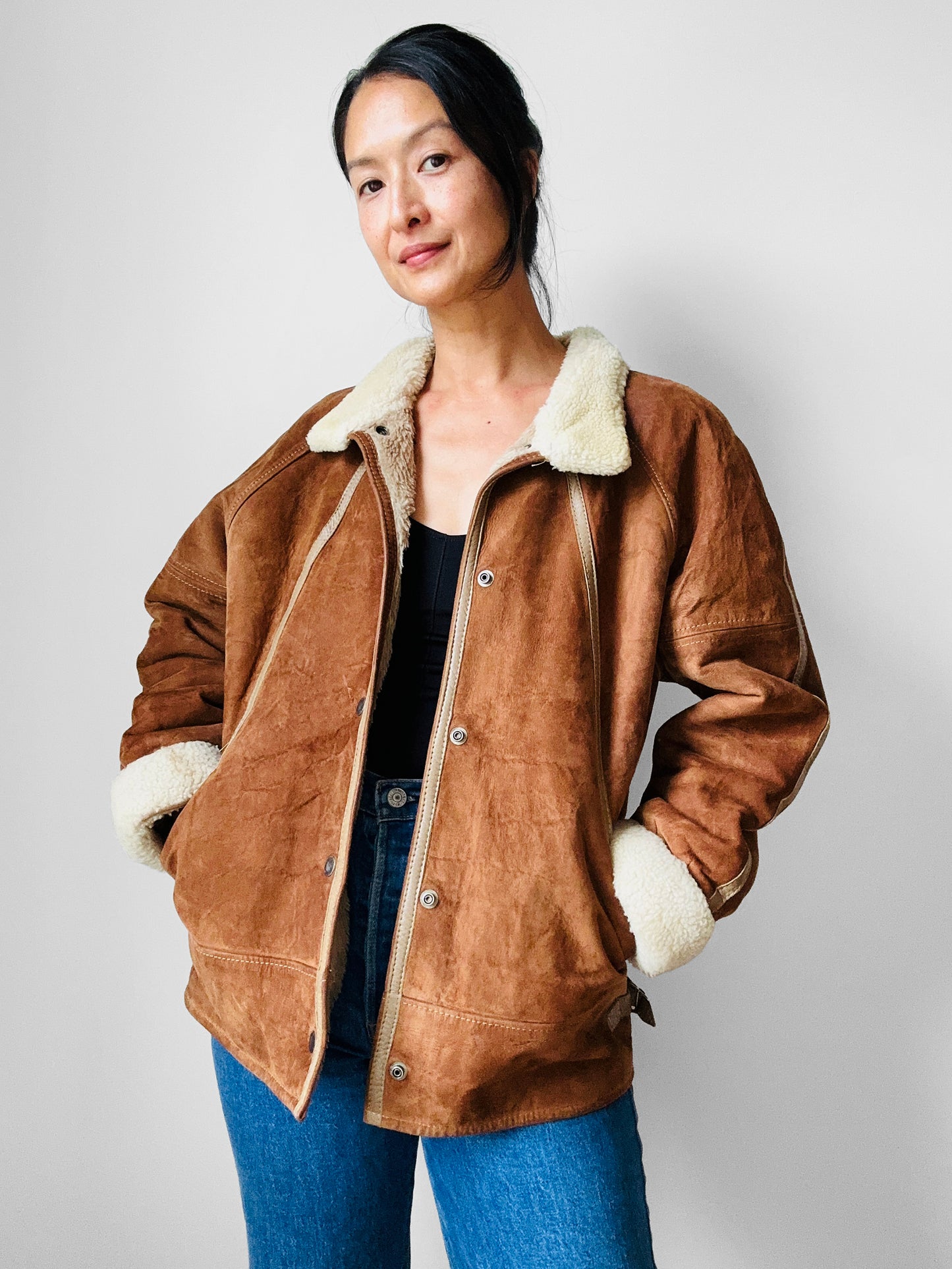 1980s Cognac Made in FRANCE Suede Shearling Jacket - Sz. S/M