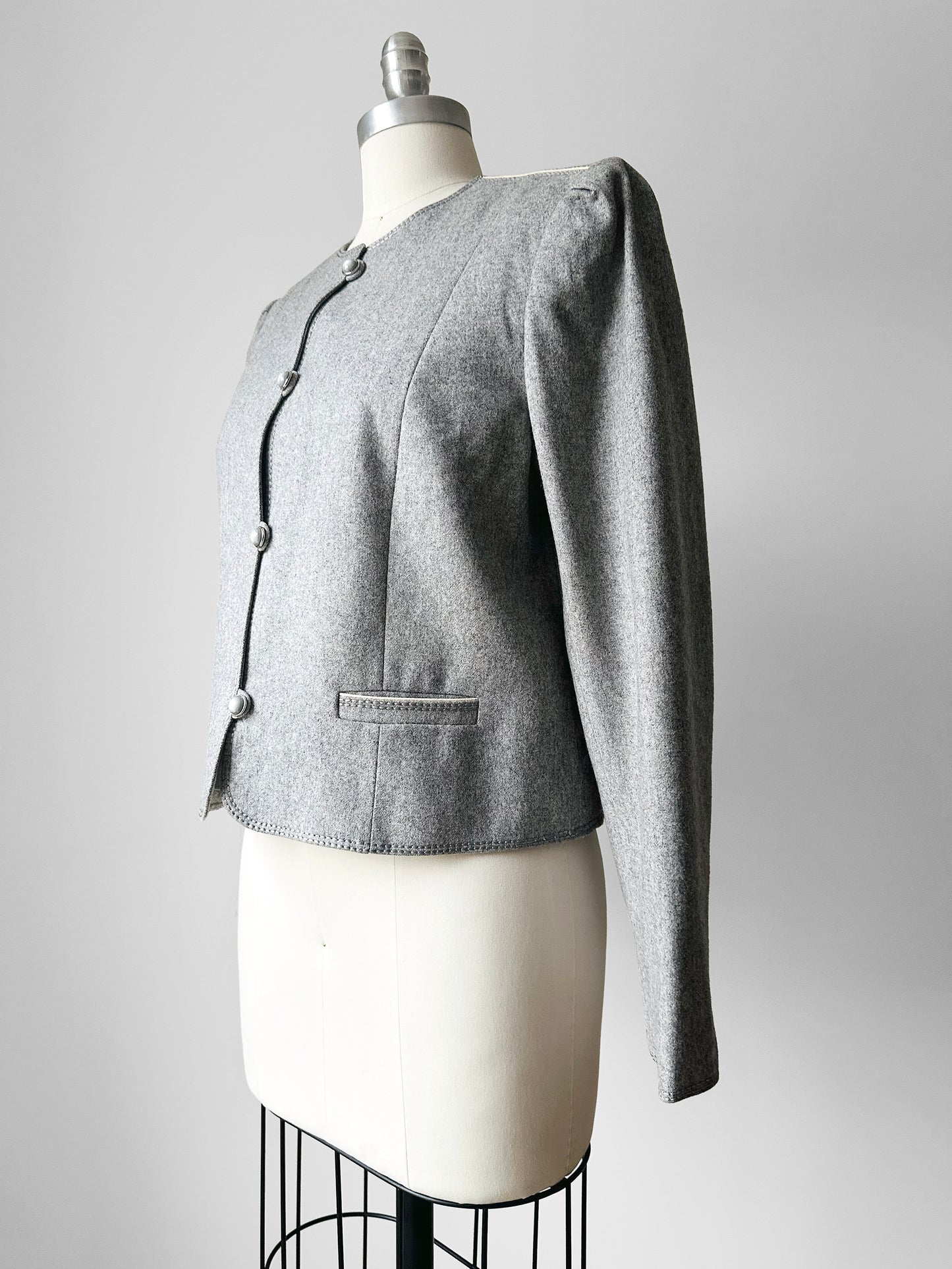 1970s - 1980s Grey Short-Waist Wool Stitched Detail Jacket - Sz. S/M