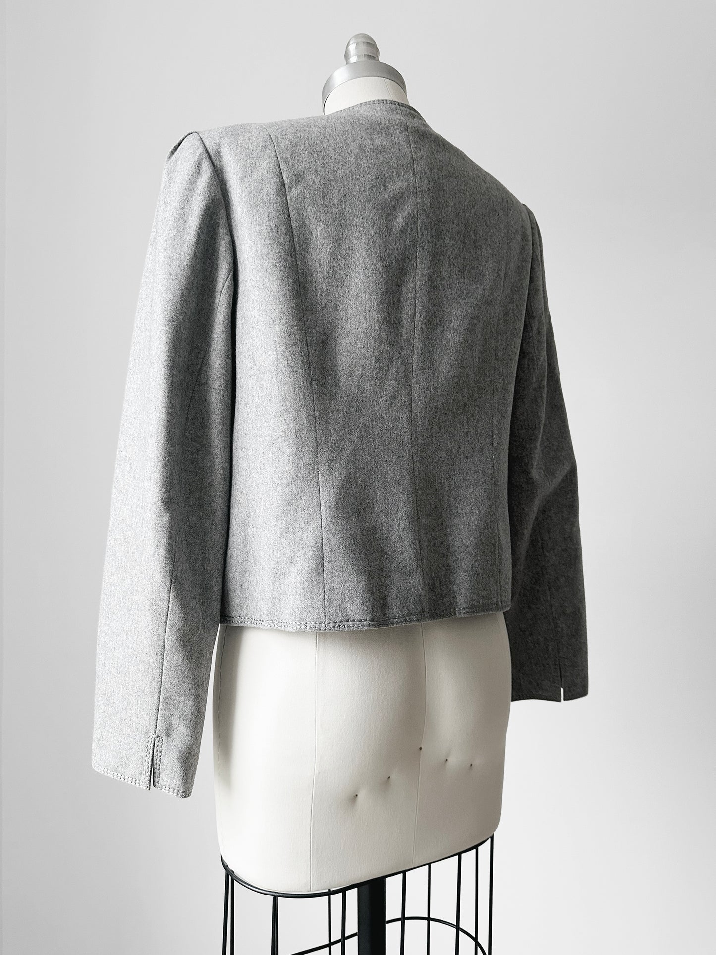 1970s - 1980s Grey Short-Waist Wool Stitched Detail Jacket - Sz. S/M