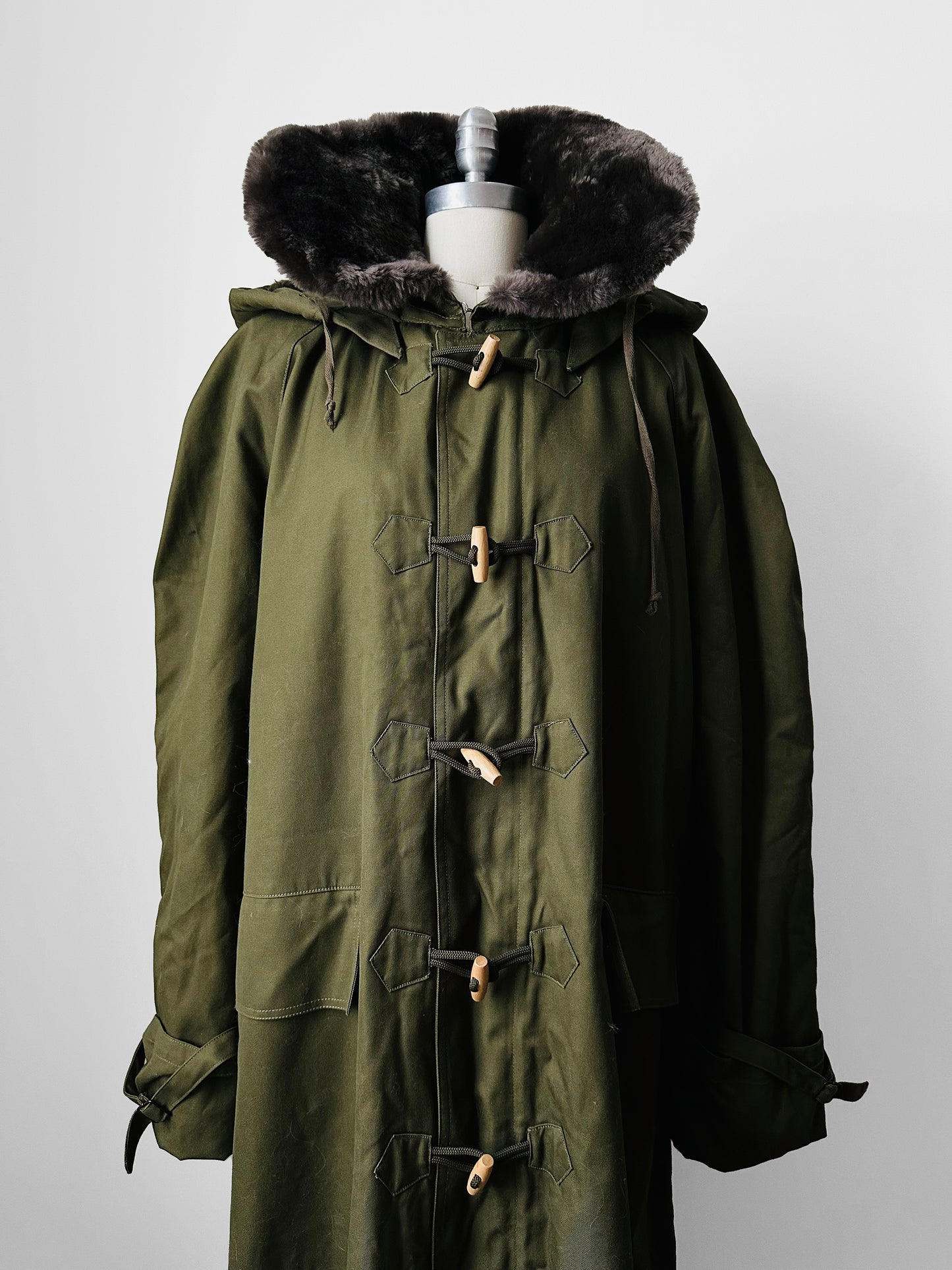 1990s - Y2K Olive Green Italian Military Faux Fur Collared Long Overcoat