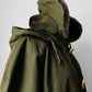 1990s - Y2K Olive Green Italian Military Faux Fur Collared Long Overcoat