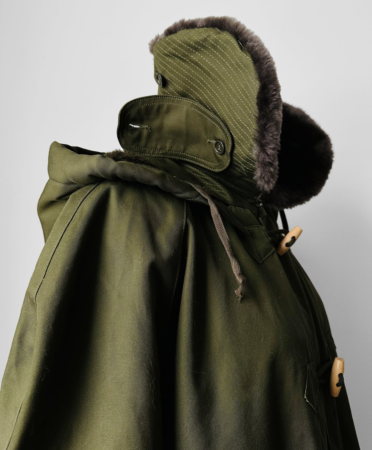 1990s - Y2K Olive Green Italian Military Faux Fur Collared Long Overcoat