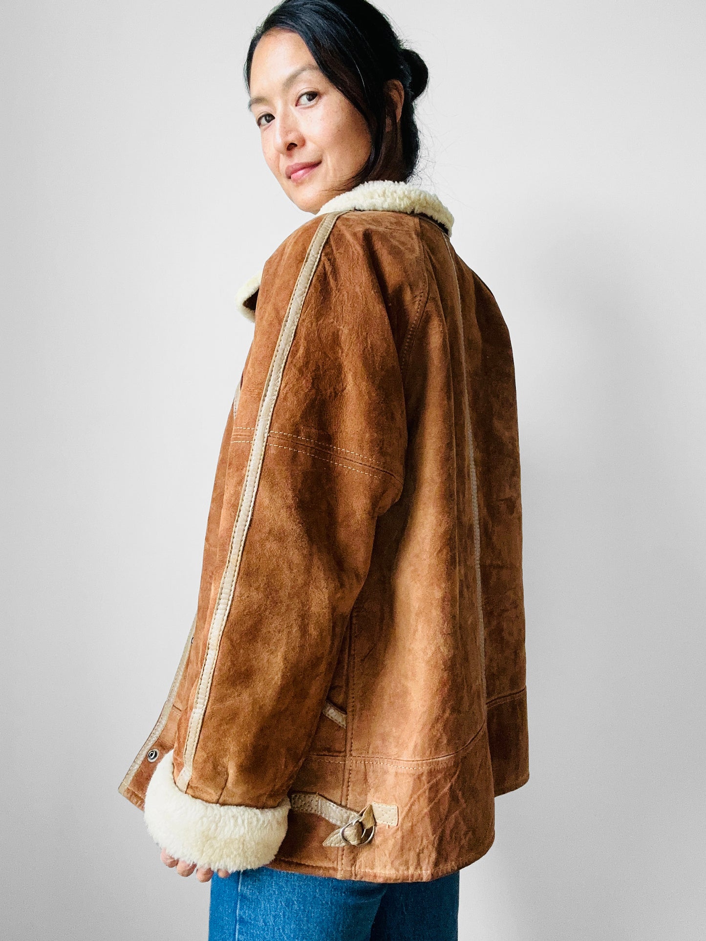 1980s Cognac Made in FRANCE Suede Shearling Jacket - Sz. S/M