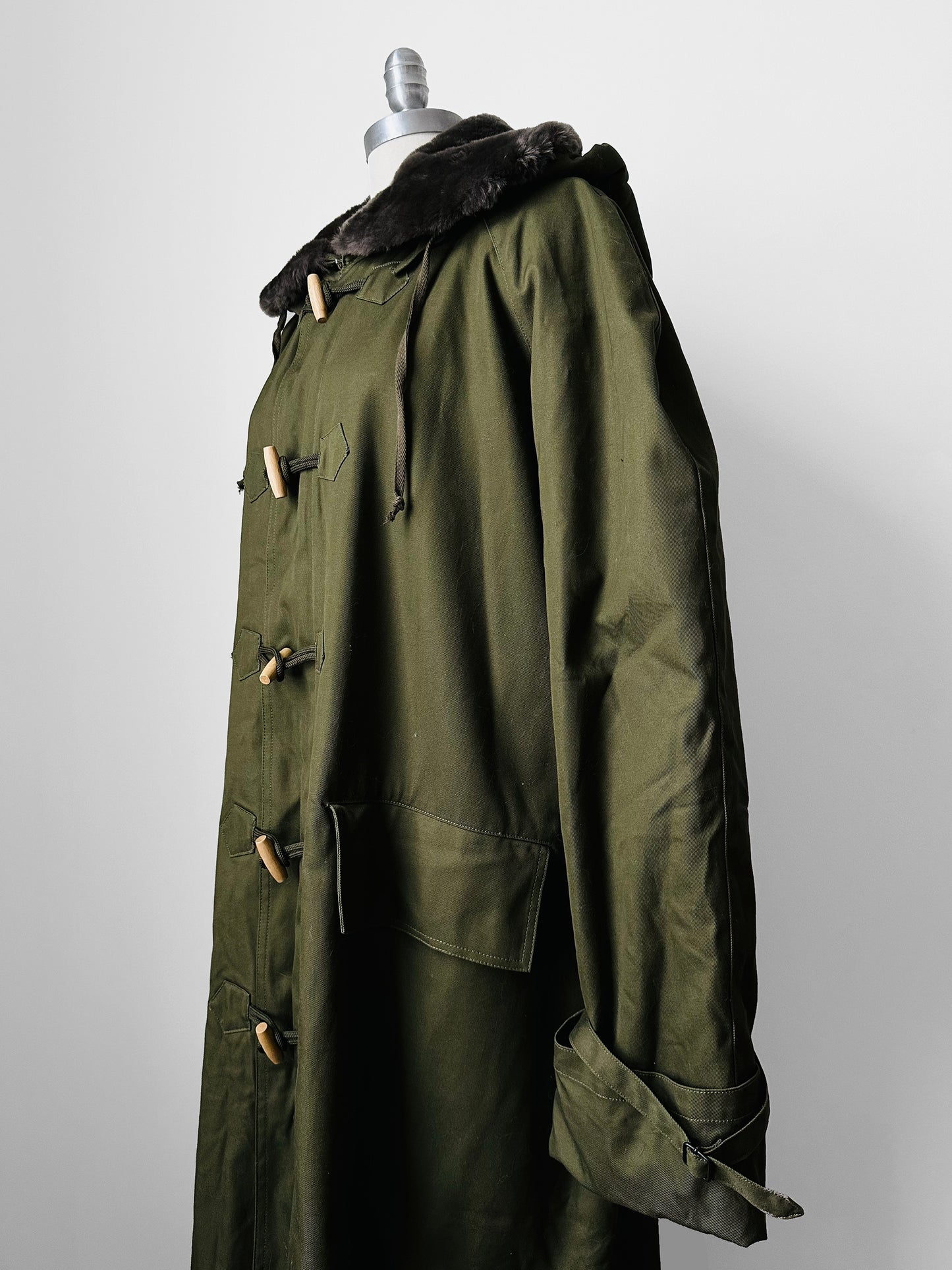 1990s - Y2K Olive Green Italian Military Faux Fur Collared Long Overcoat