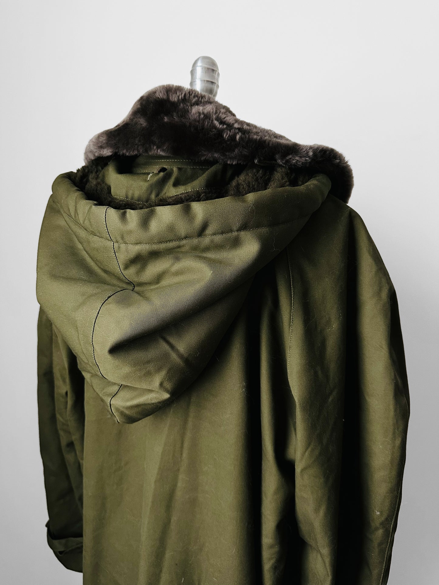 1990s - Y2K Olive Green Italian Military Faux Fur Collared Long Overcoat