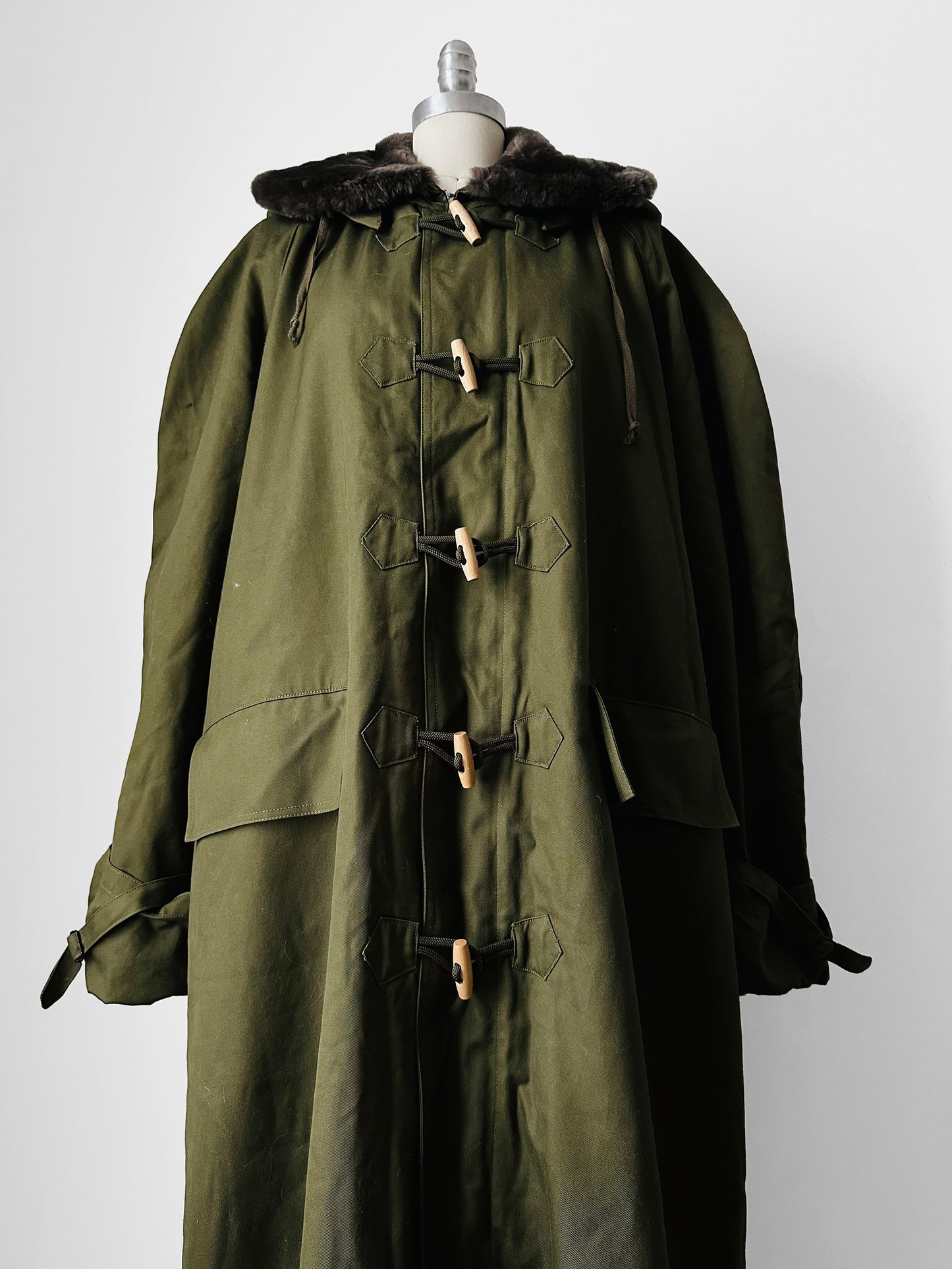 1990s - Y2K Olive Green Italian Military Faux Fur Collared Long Overcoat