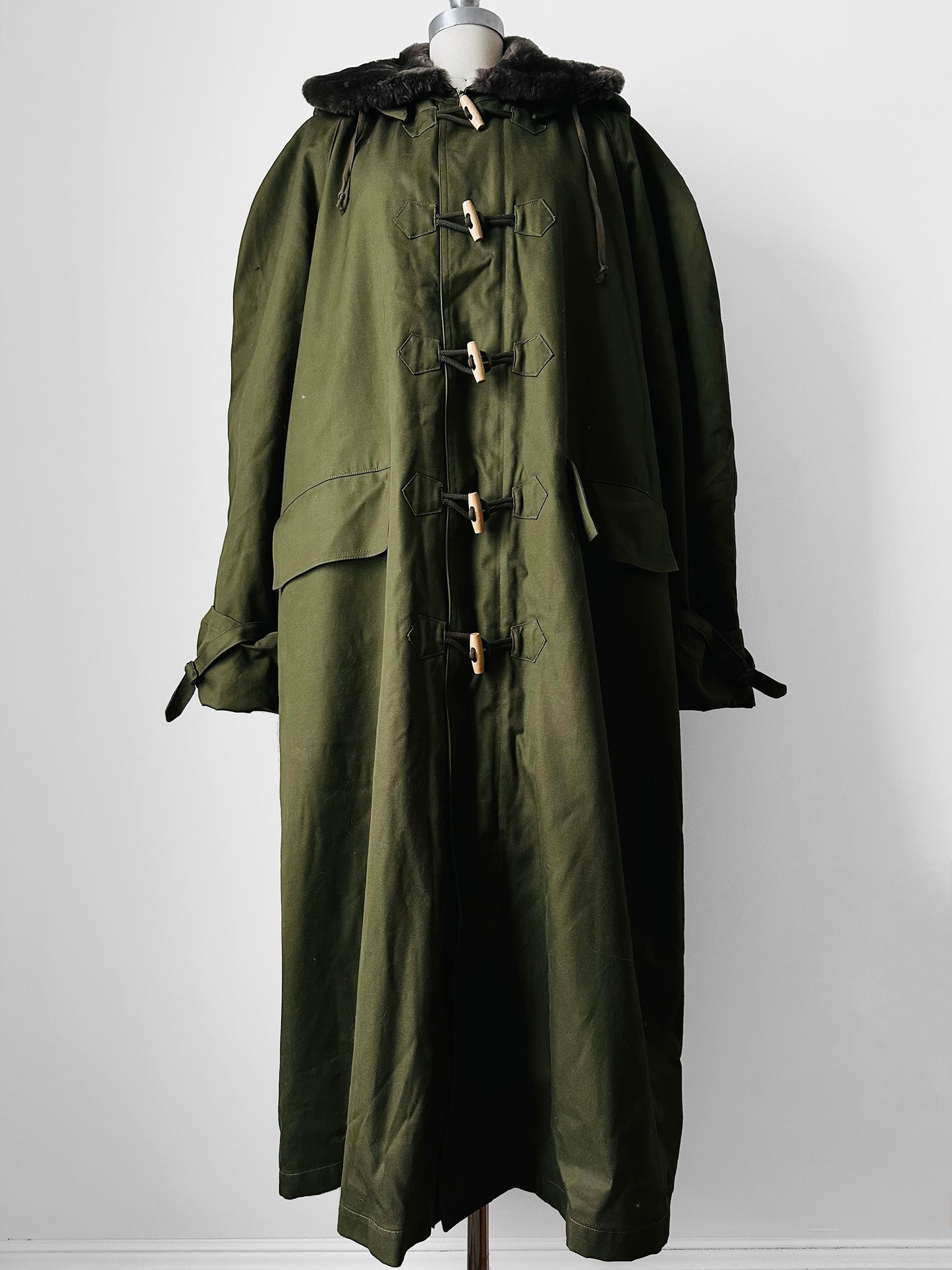 1990s - Y2K Olive Green Italian Military Faux Fur Collared Long Overcoat