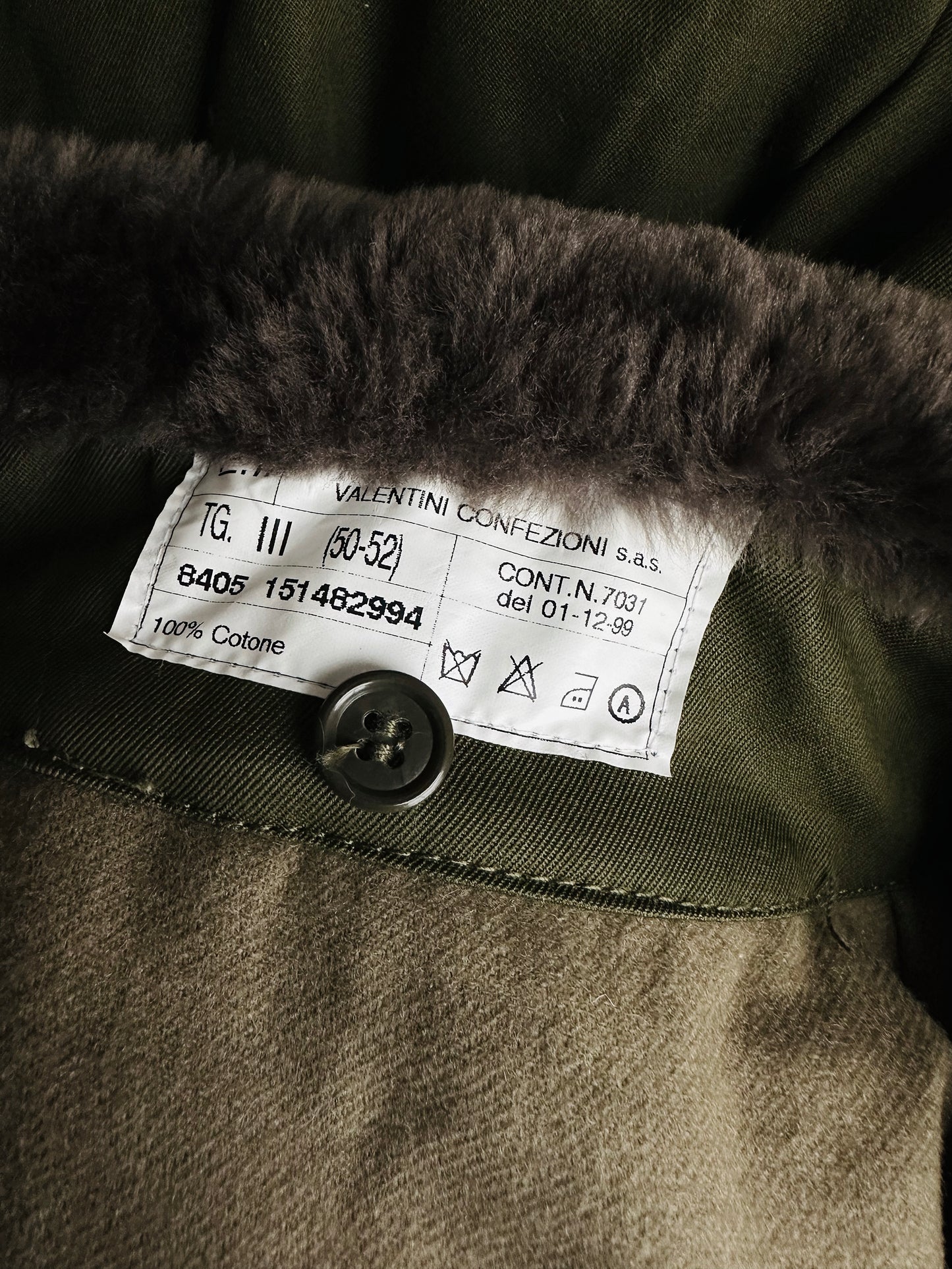 1990s - Y2K Olive Green Italian Military Faux Fur Collared Long Overcoat