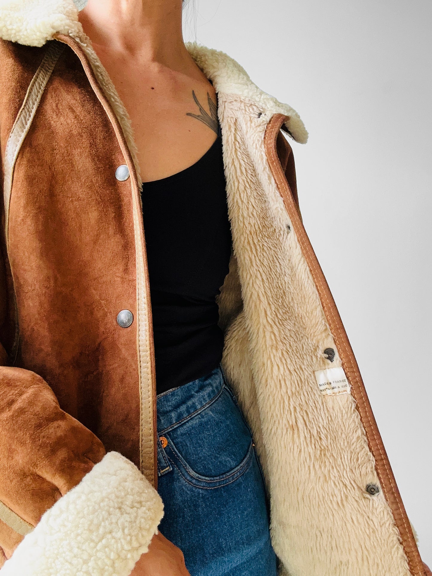 1980s Cognac Made in FRANCE Suede Shearling Jacket - Sz. S/M