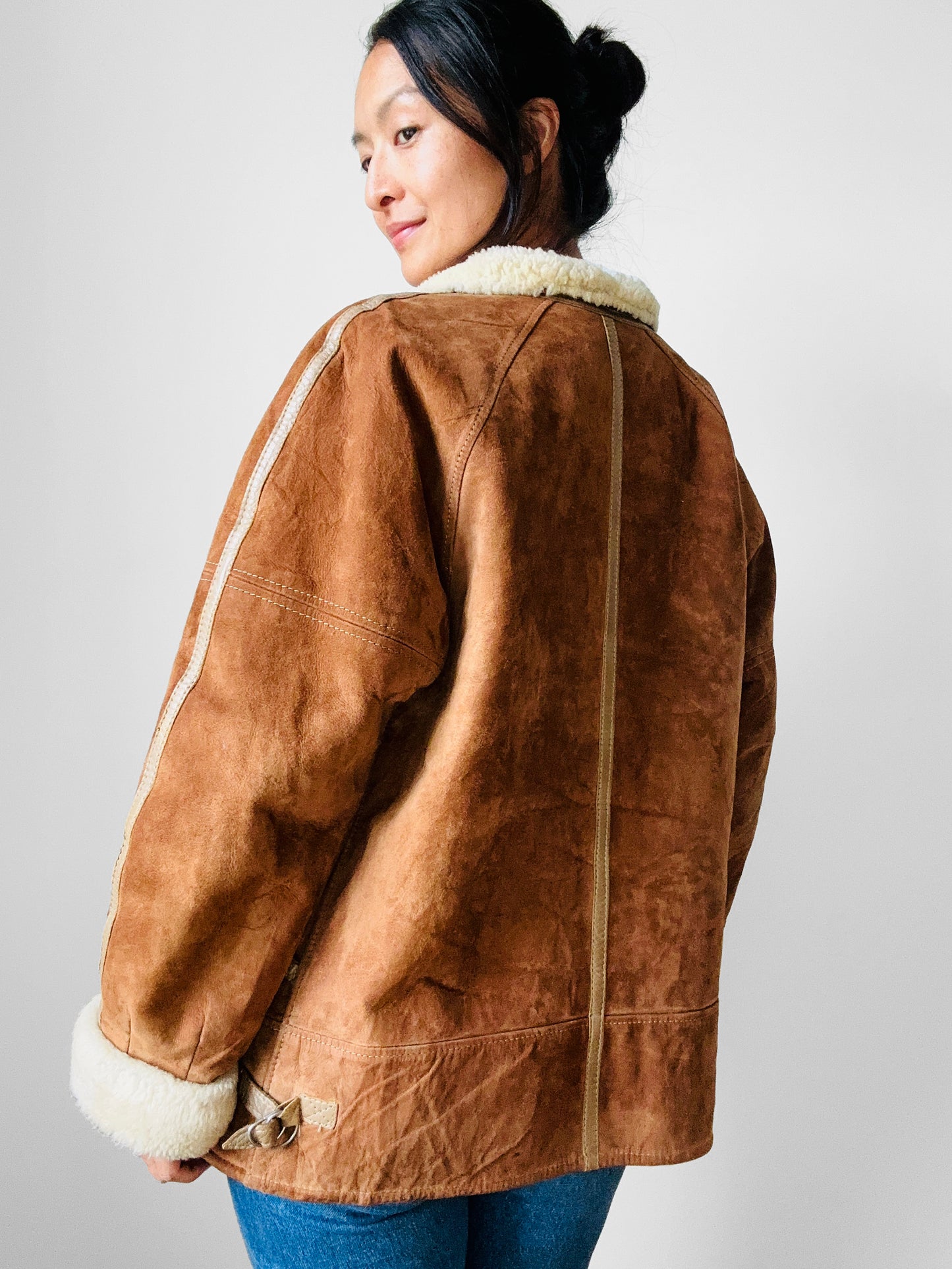 1980s Cognac Made in FRANCE Suede Shearling Jacket - Sz. S/M