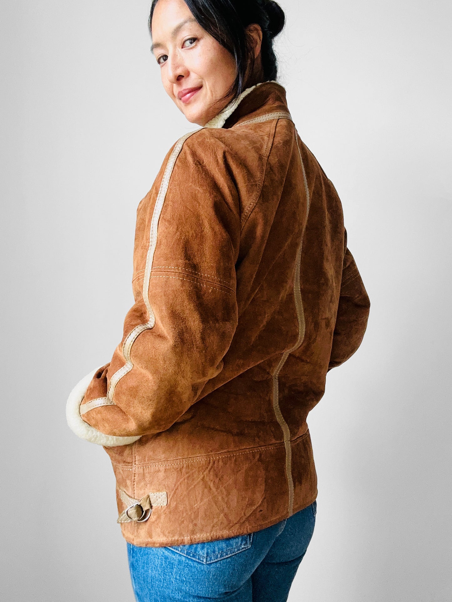 1980s Cognac Made in FRANCE Suede Shearling Jacket - Sz. S/M