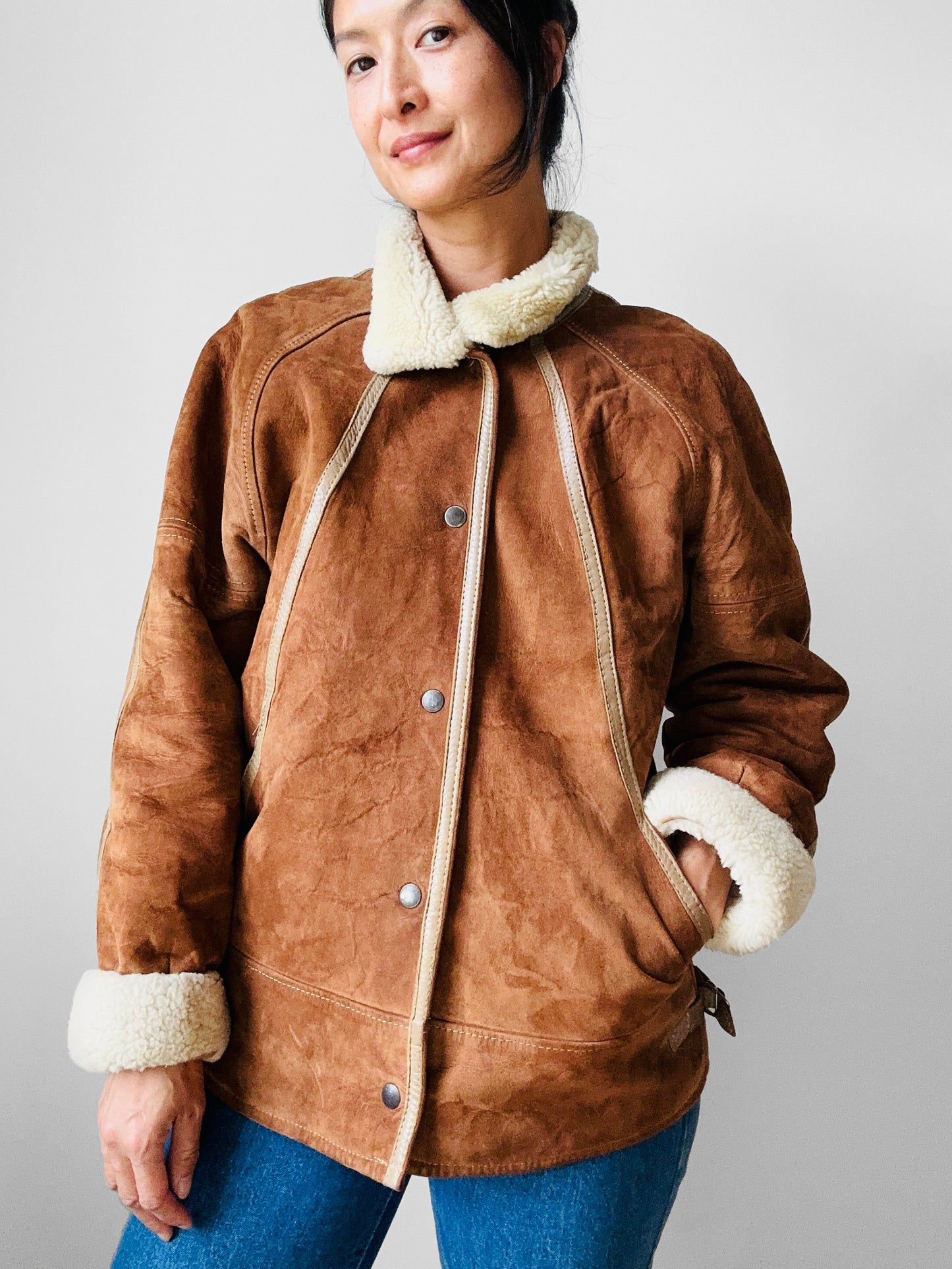 1980s Cognac Made in FRANCE Suede Shearling Jacket - Sz. S/M