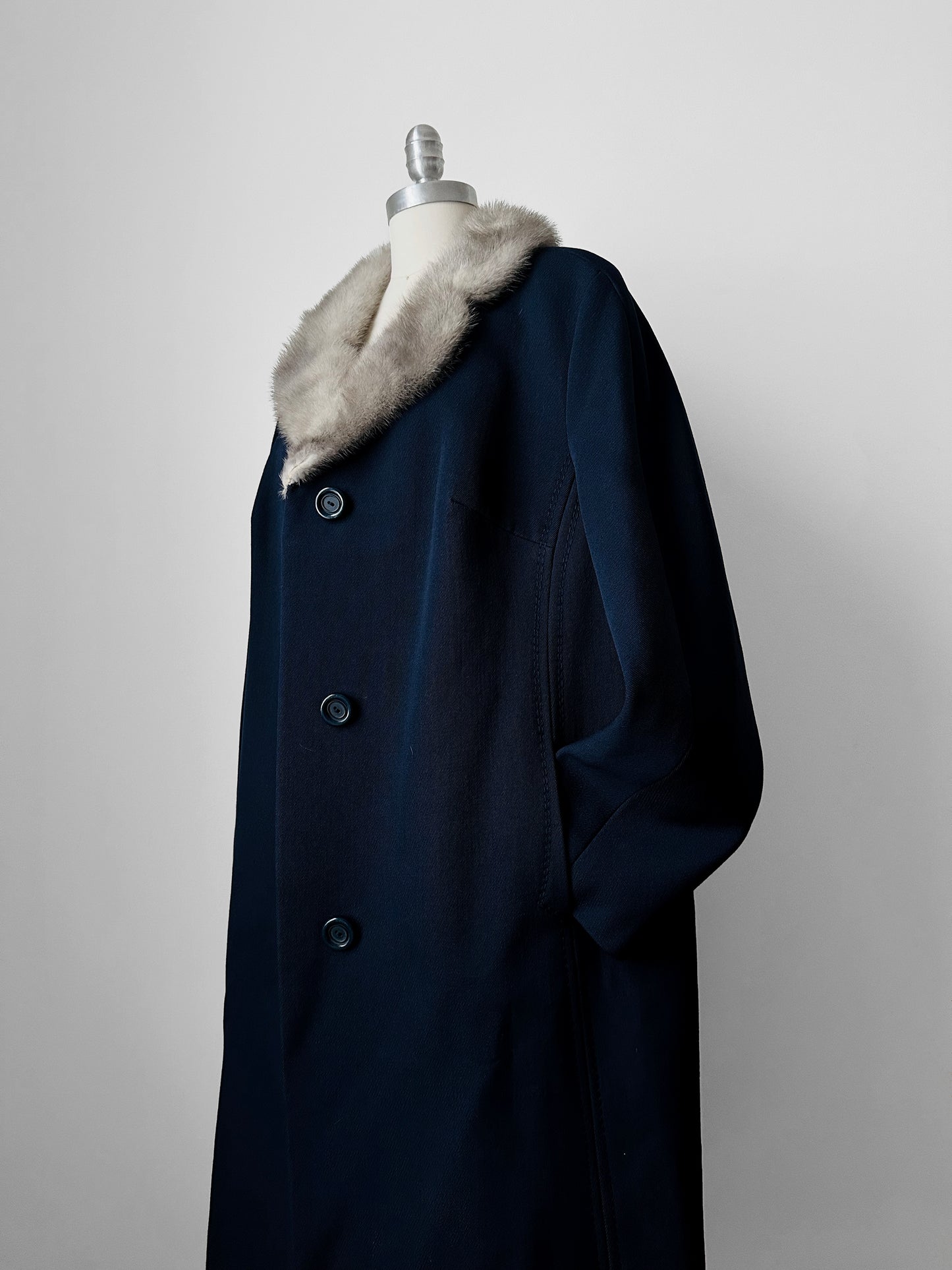 1950s - 1960s Navy Blue Fur Collared Overcoat