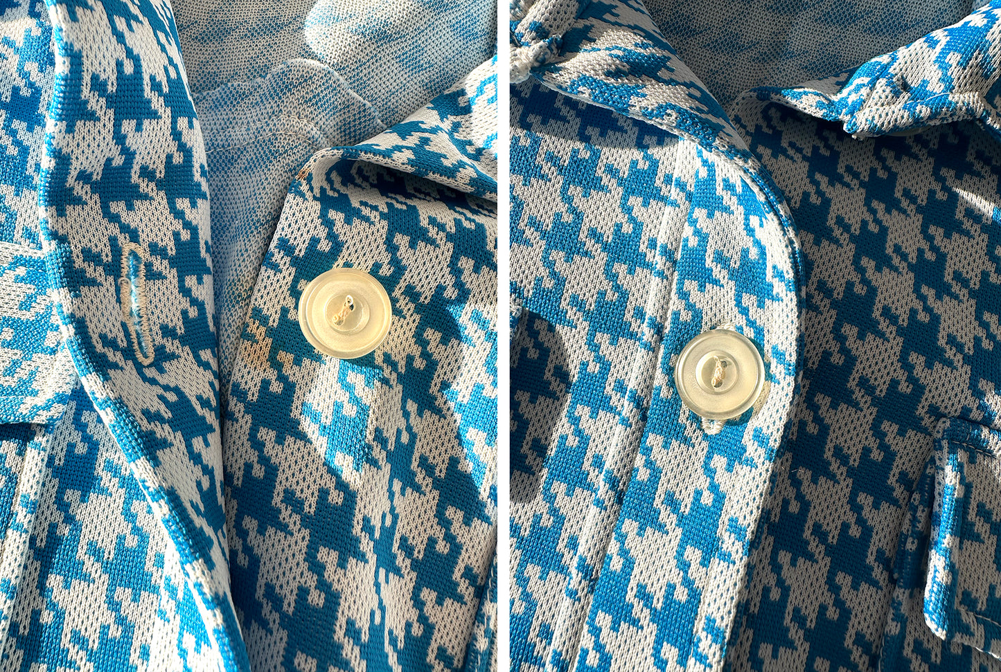 Vintage 1960s Sky Blue and White Houndstooth Print Short Sleeve Button Up Collared Shirt - Sz. S