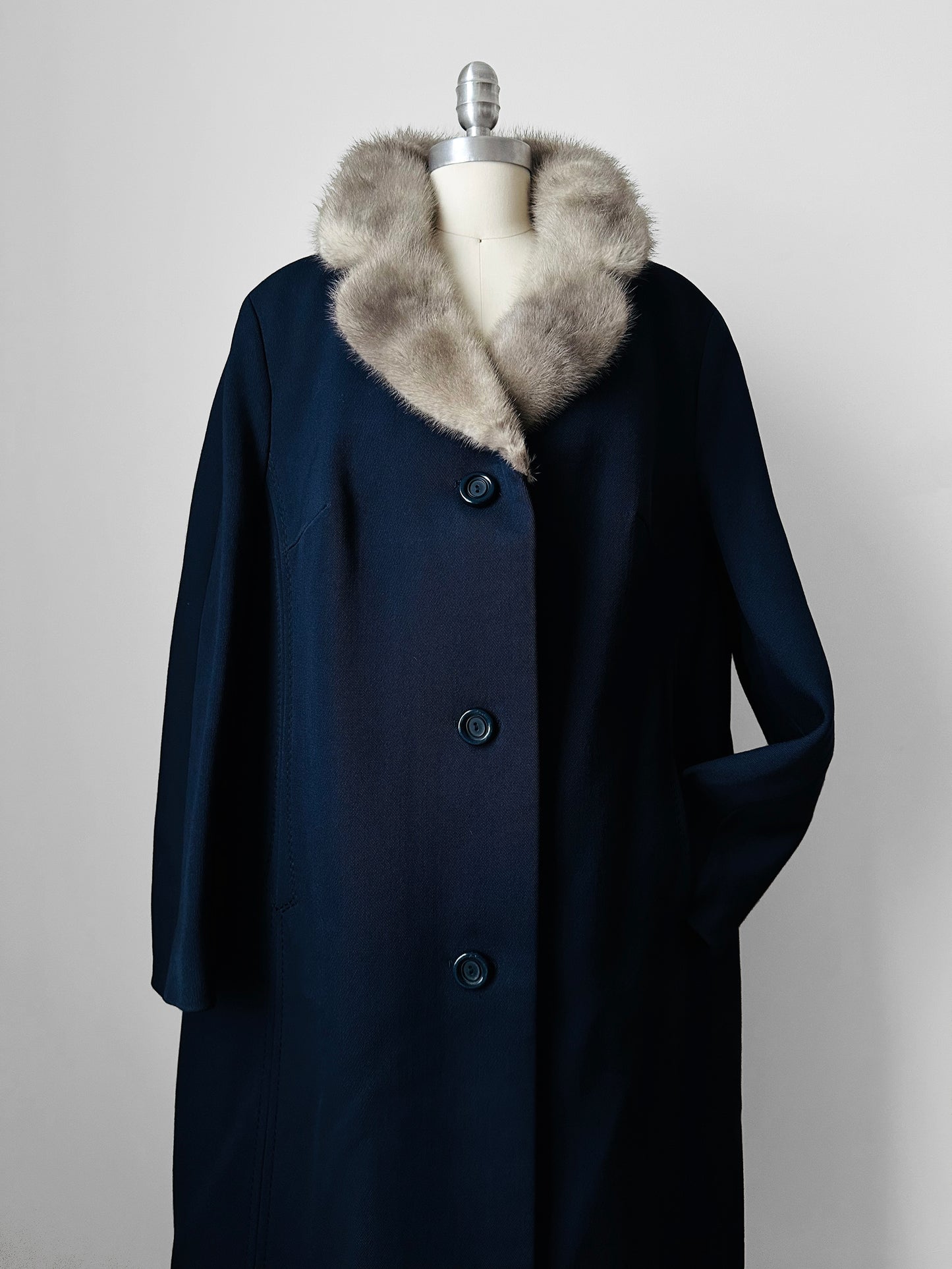 1950s - 1960s Navy Blue Fur Collared Overcoat