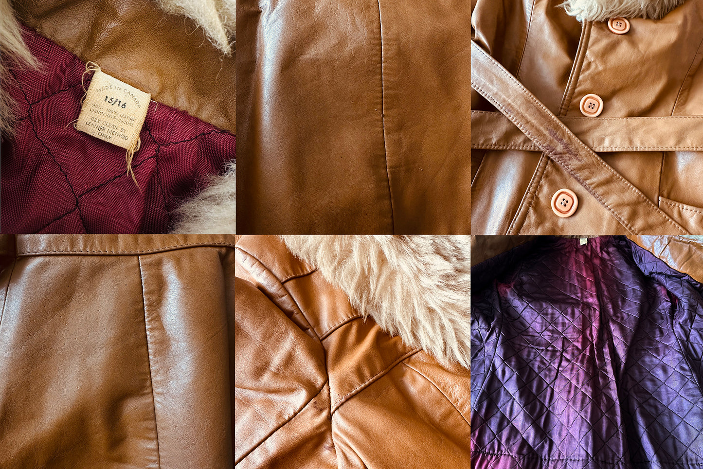 1970s Faux Fur Collared Tan Leather Belted Quilted Interior Jacket - Sz. XS/S