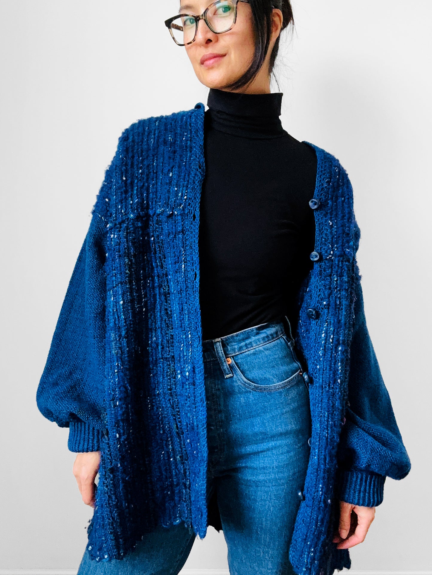 Deep Indigo Blue Heavy Loomed Wool Button Front Knit Sweater Cardigan - O/S