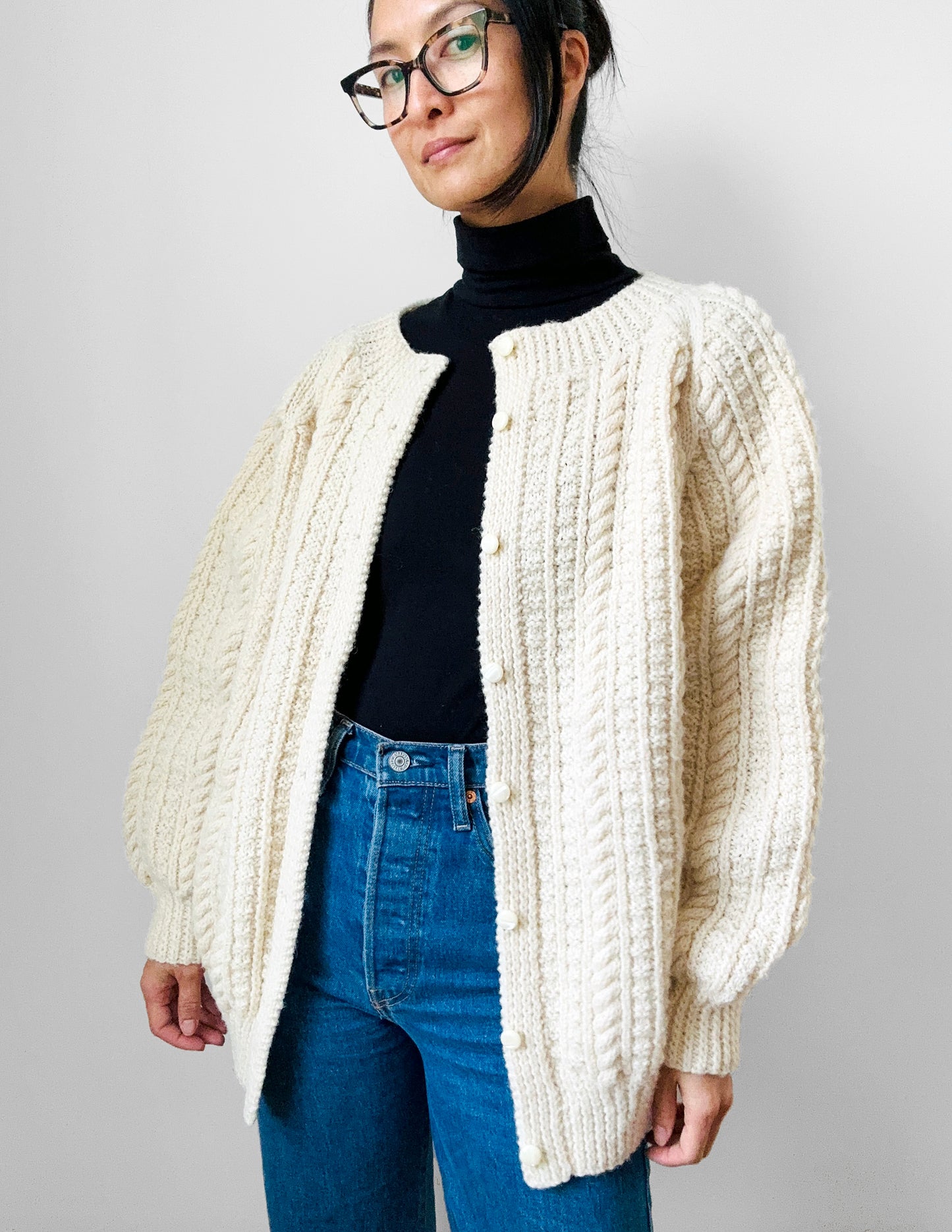 Chunky Cream Handknit Handmade Cable-Knit Wool Blend Cardigan - O/S