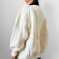 Chunky Cream Handknit Handmade Cable-Knit Wool Blend Cardigan - O/S