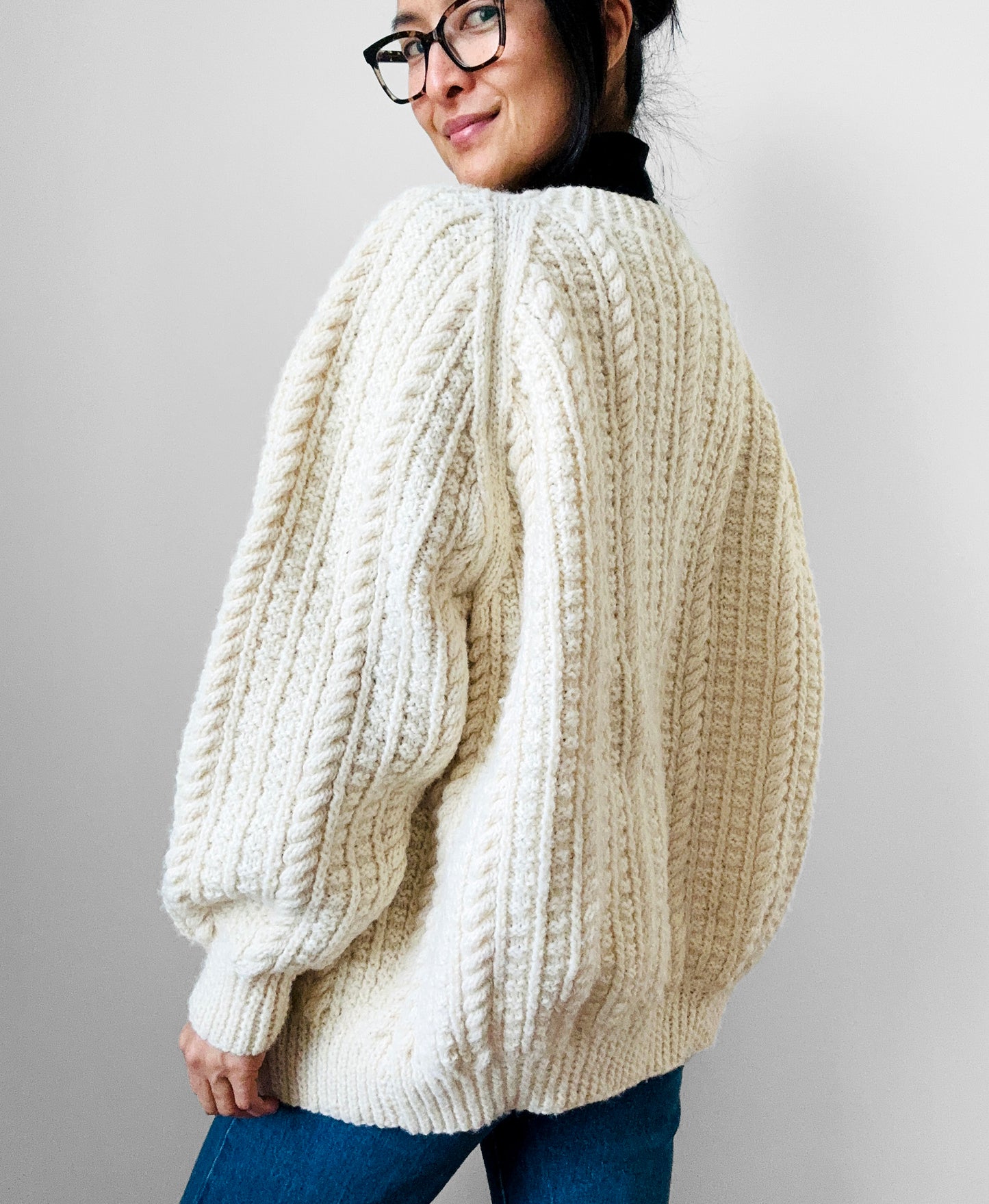 Chunky Cream Handknit Handmade Cable-Knit Wool Blend Cardigan - O/S