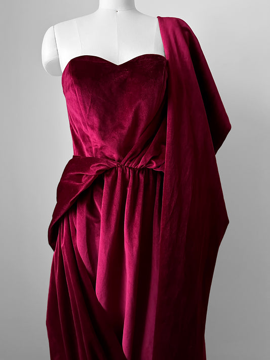 Wine Red Micro Velvet Drape Sweetheart Corset Grecian Gown