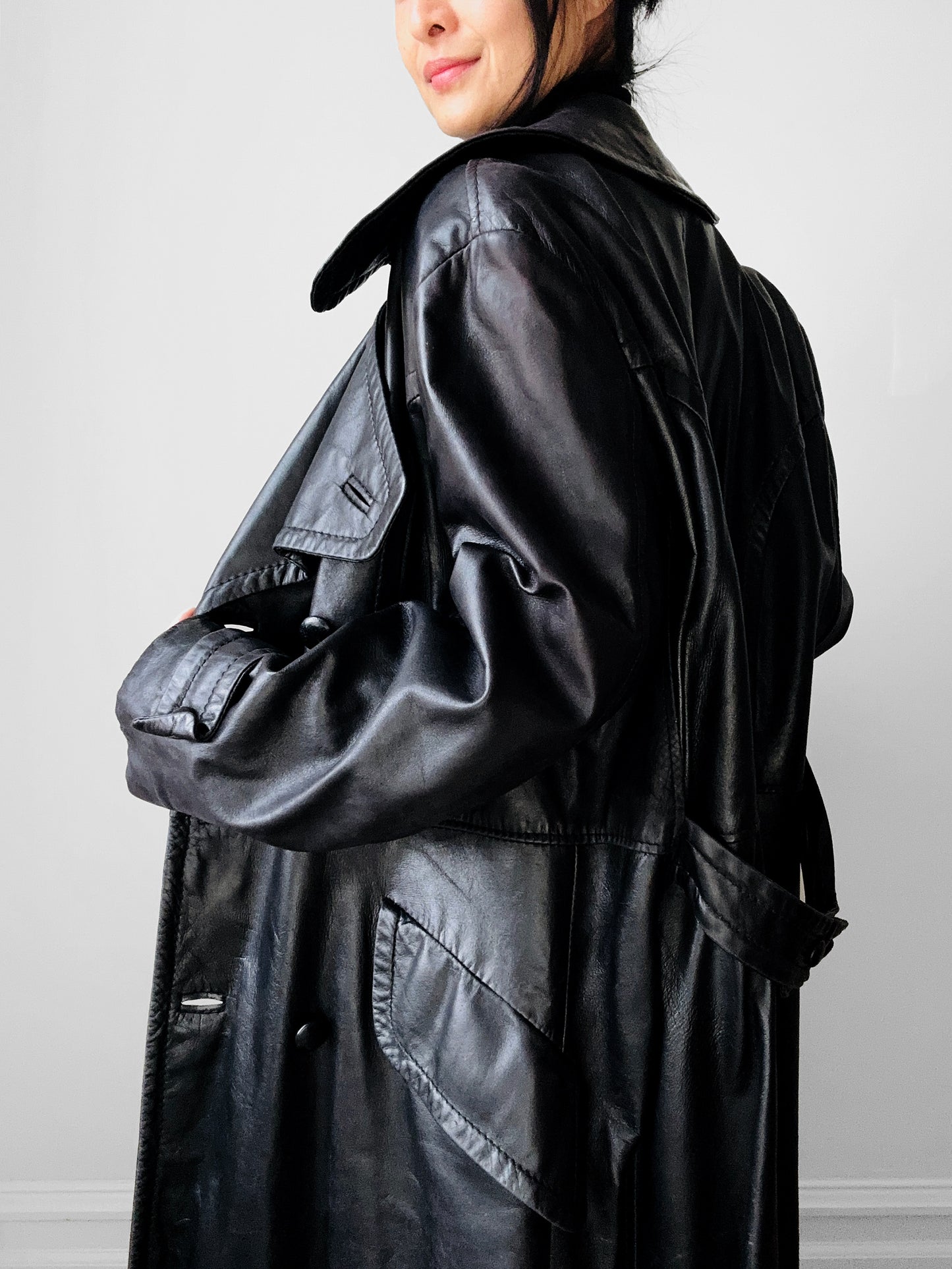 1980s Buttery Soft Long Black Leather Coat - Sz. Large