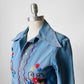 1970s Blue Snap Button Wide Lapel Floral Embroidered Jean Shirt - XXS / XS