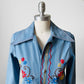 1970s Blue Snap Button Wide Lapel Floral Embroidered Jean Shirt - XXS / XS