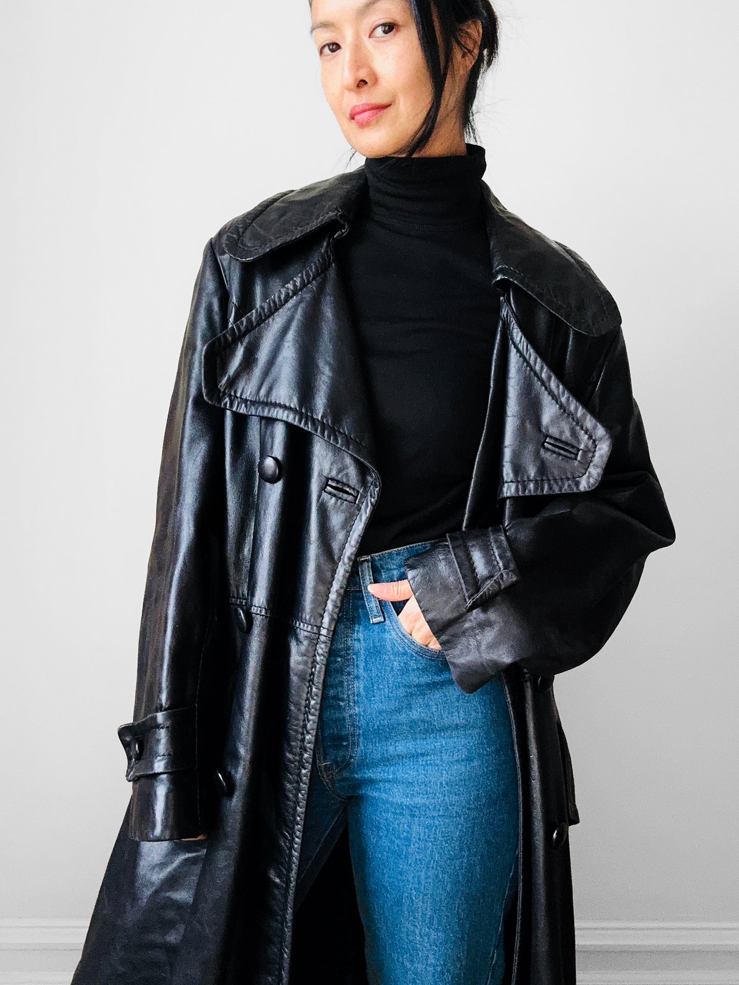 1980s Buttery Soft Long Black Leather Coat - Sz. Large