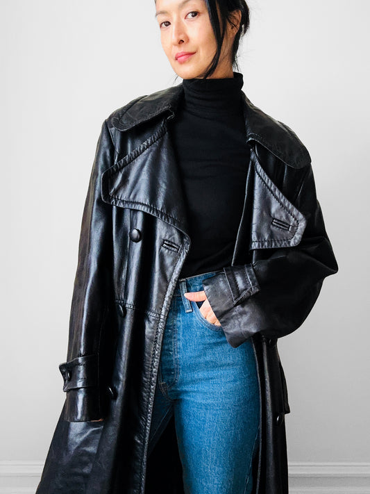 1980s Buttery Soft Long Black Leather Coat - Sz. Large