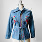 1970s Blue Snap Button Wide Lapel Floral Embroidered Jean Shirt - XXS / XS