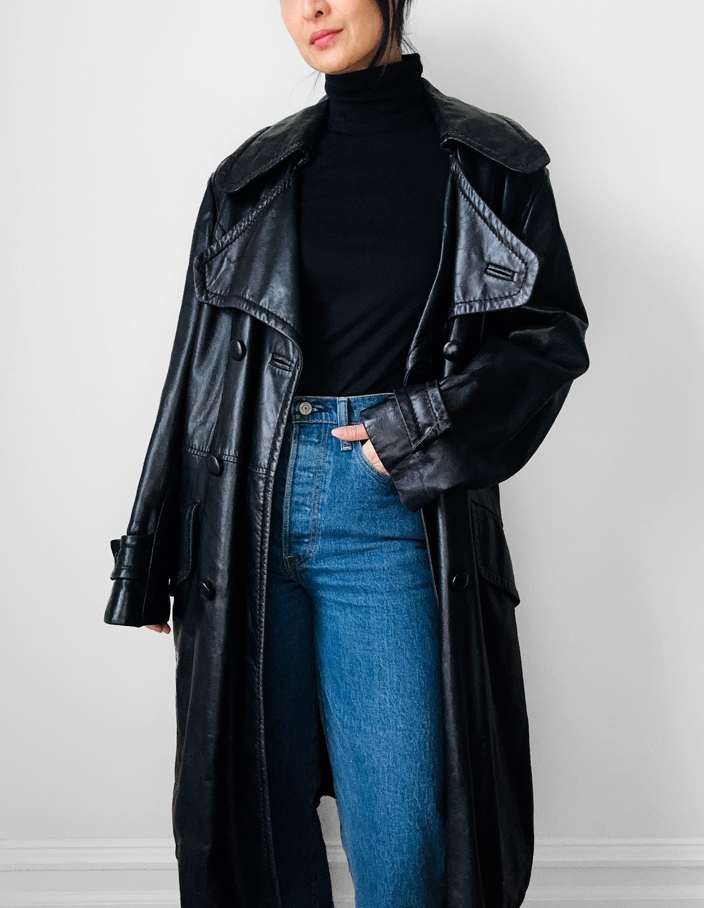 1980s Buttery Soft Long Black Leather Coat - Sz. Large