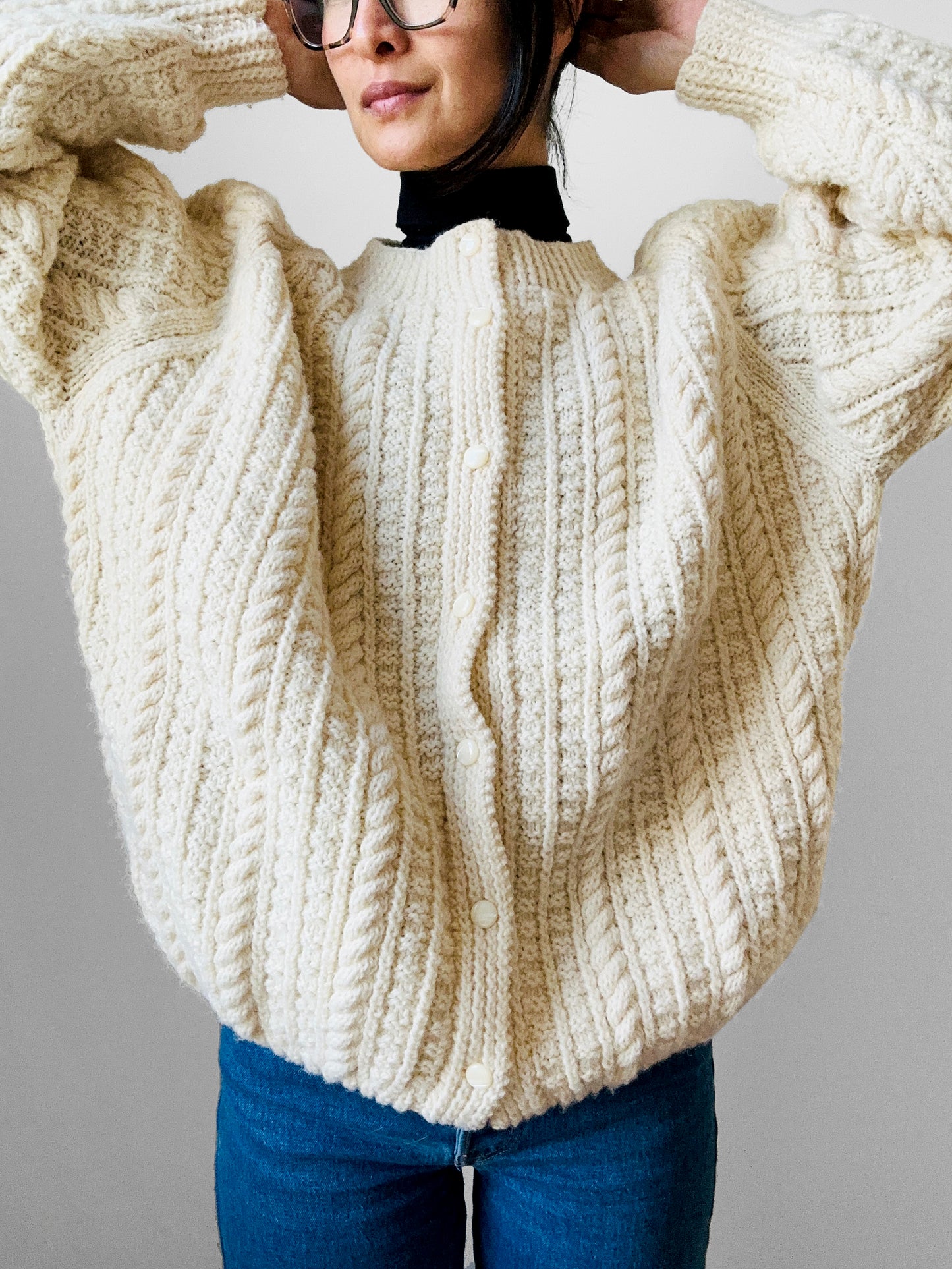 Chunky Cream Handknit Handmade Cable-Knit Wool Blend Cardigan - O/S