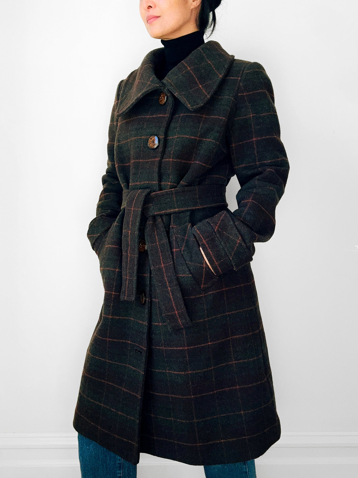 1960s Green and Burnt Orange Plaid Wool Belted Coat - Sz. Small