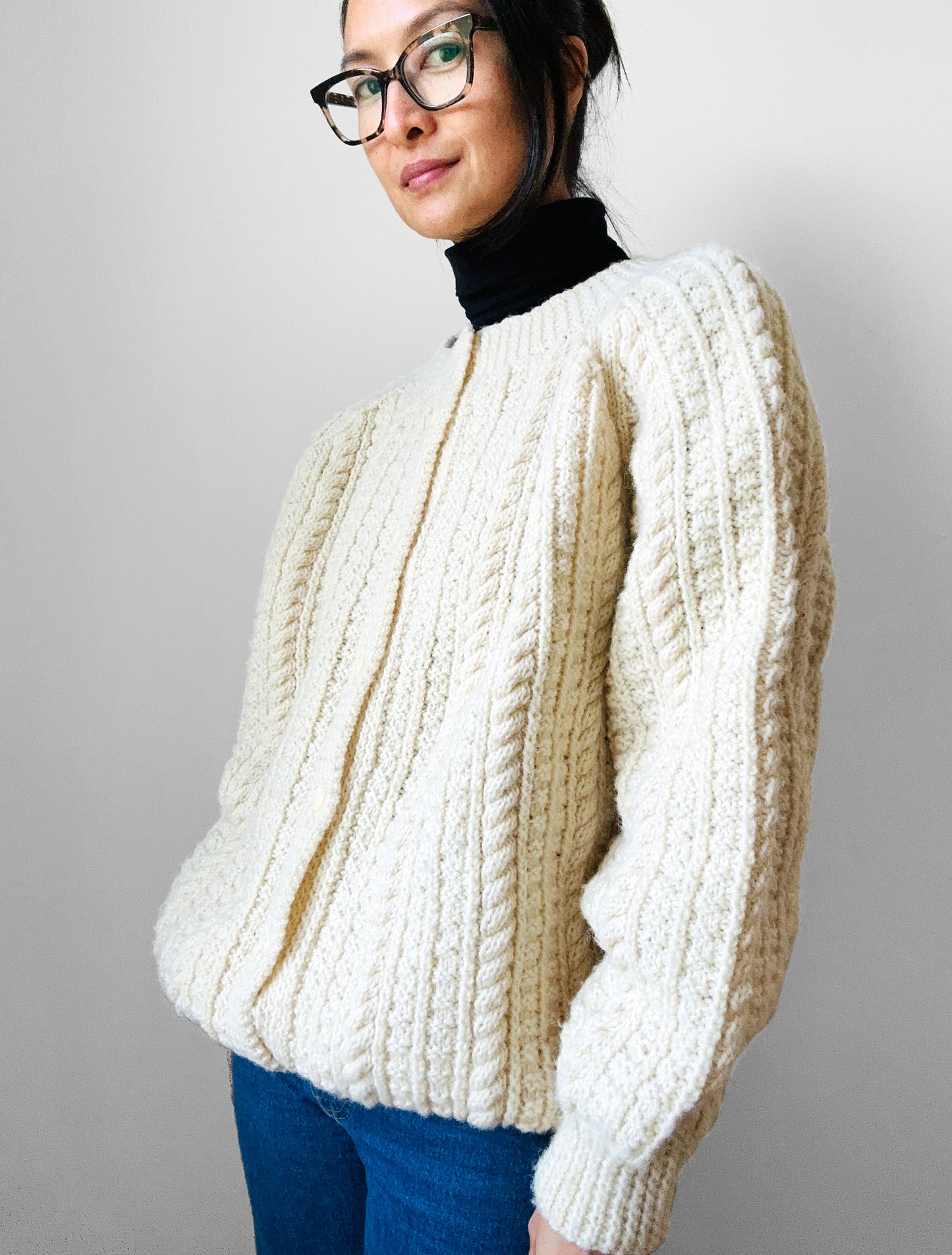 Chunky Cream Handknit Handmade Cable-Knit Wool Blend Cardigan - O/S