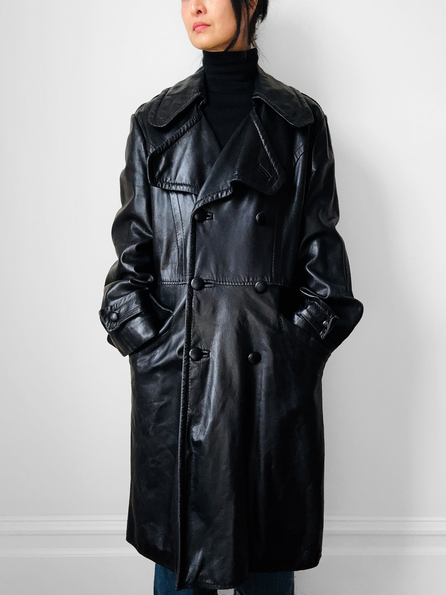 1980s Buttery Soft Long Black Leather Coat - Sz. Large