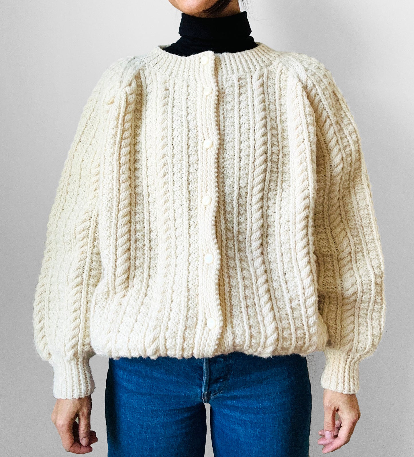 Chunky Cream Handknit Handmade Cable-Knit Wool Blend Cardigan - O/S