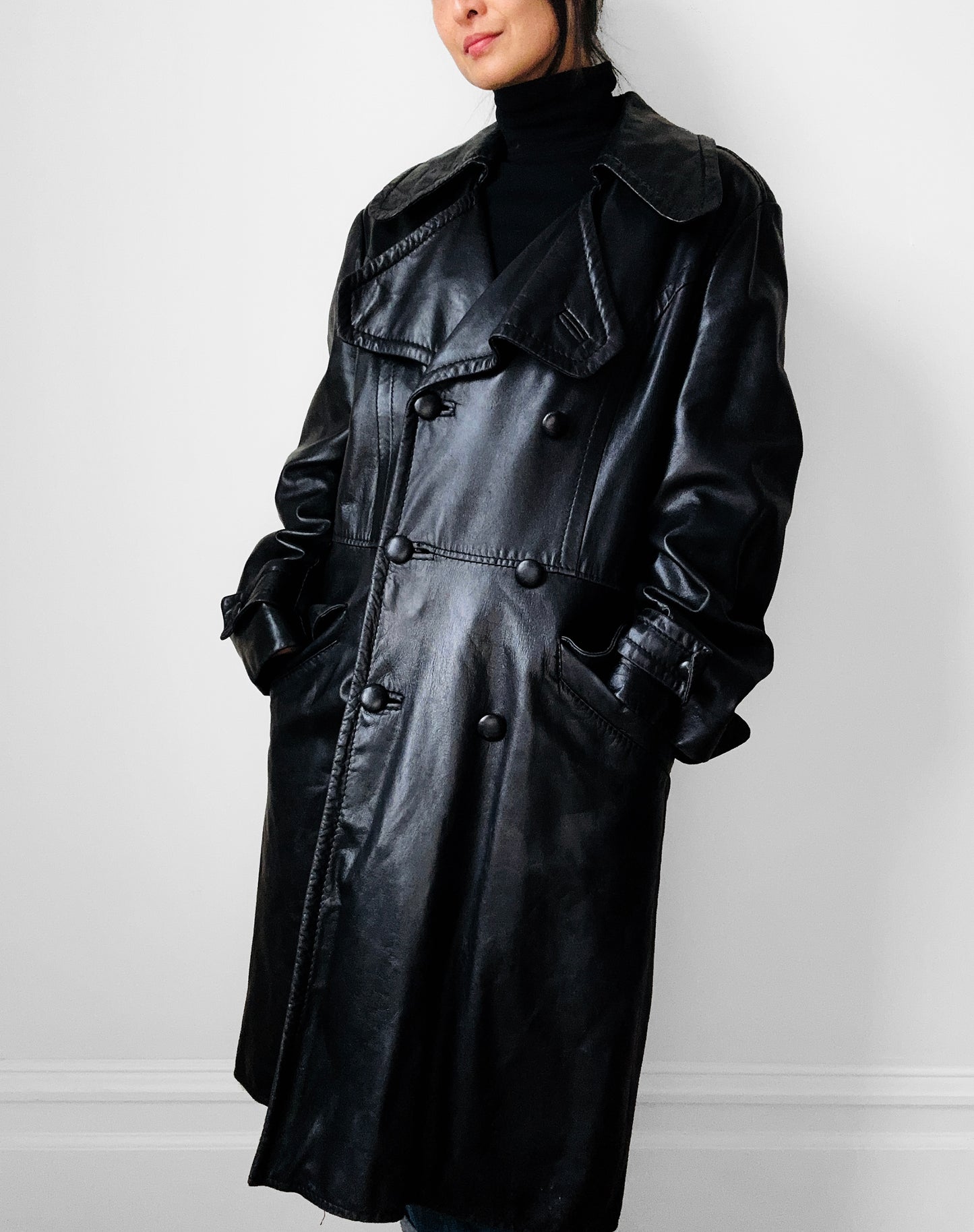 1980s Buttery Soft Long Black Leather Coat - Sz. Large