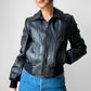 Y2K Does 70s Black Short Waisted Zip Front Leather Biker Jacket - Sz. Sm