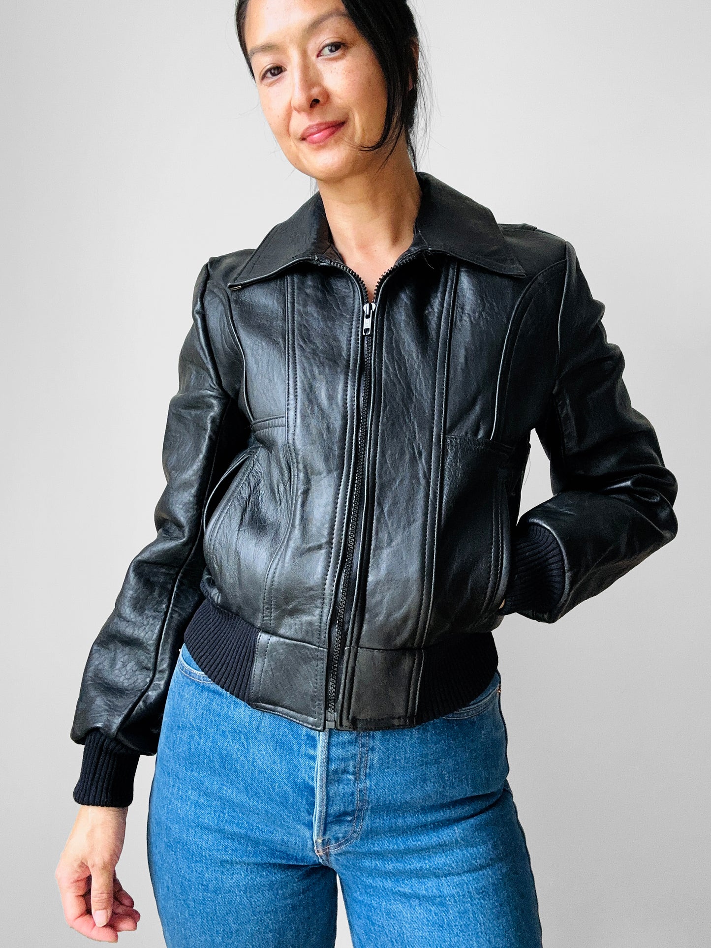 Y2K Does 70s Black Short Waisted Zip Front Leather Biker Jacket - Sz. Sm