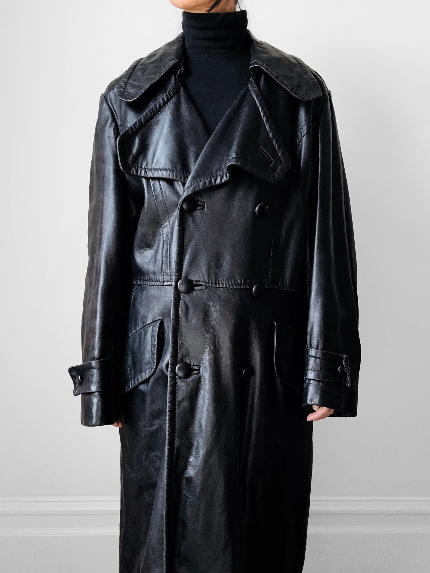 1980s Buttery Soft Long Black Leather Coat - Sz. Large