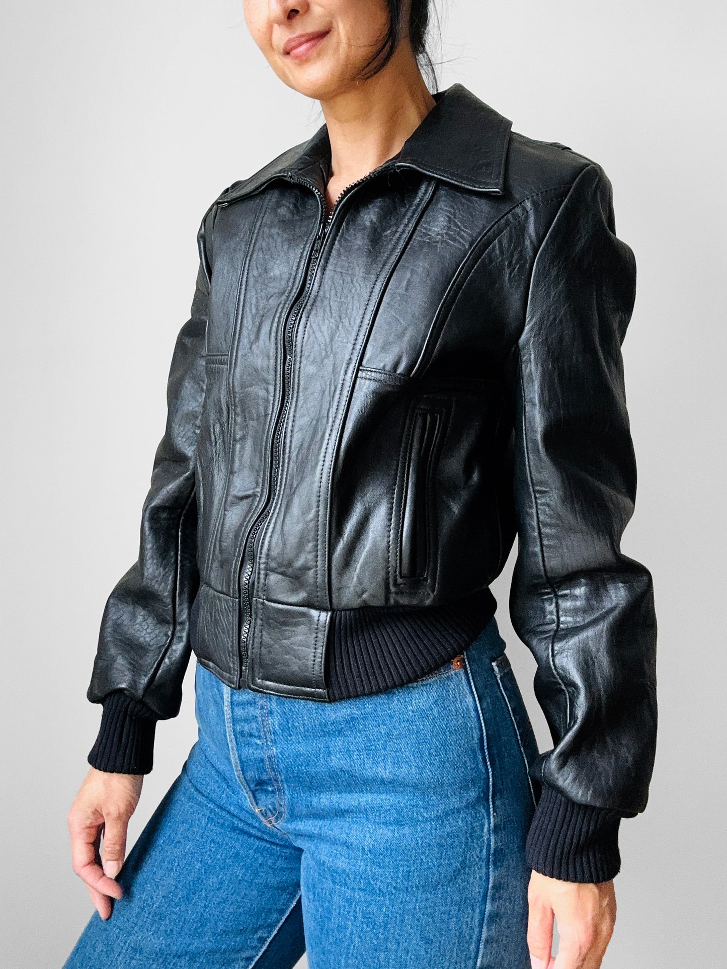 Y2K Does 70s Black Short Waisted Zip Front Leather Biker Jacket - Sz. Sm