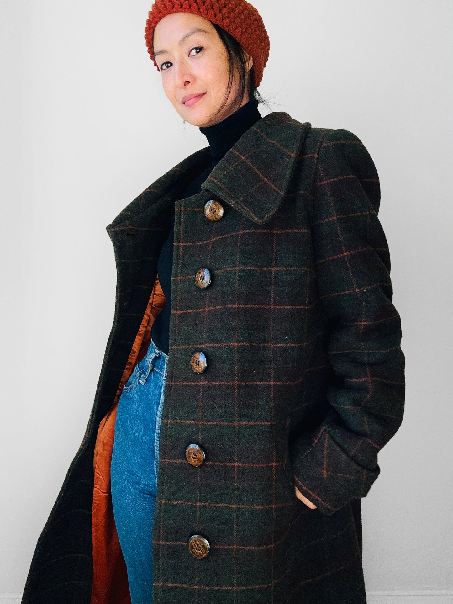 1960s Green and Burnt Orange Plaid Wool Belted Coat - Sz. Small