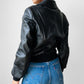 Y2K Does 70s Black Short Waisted Zip Front Leather Biker Jacket - Sz. Sm