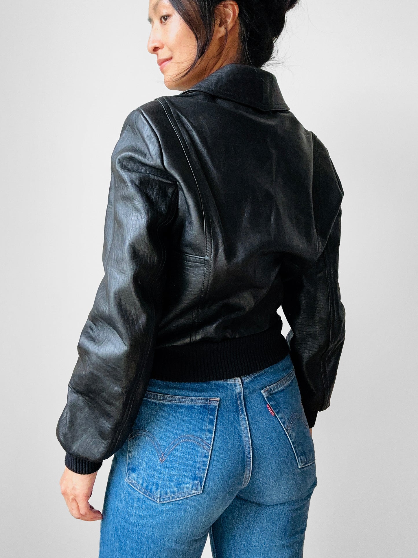 Y2K Does 70s Black Short Waisted Zip Front Leather Biker Jacket - Sz. Sm